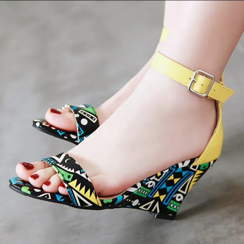 Women printing wedges sandles mixed color bohemian gladiator Size 7.5